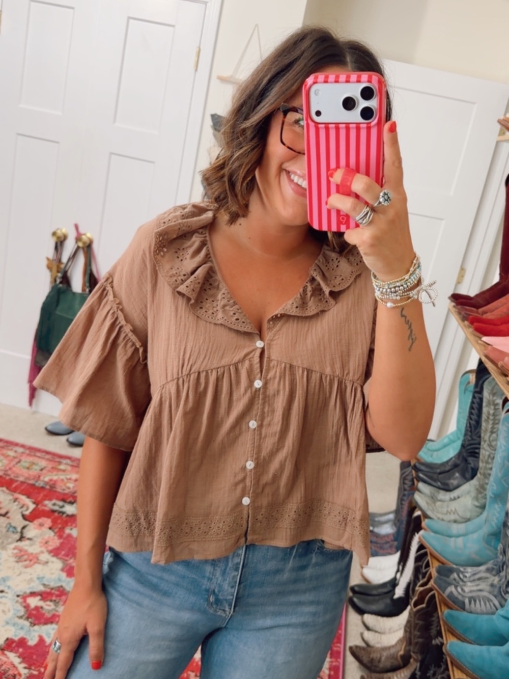 Women's Mauve Ruffled Button-Front Peasant Top